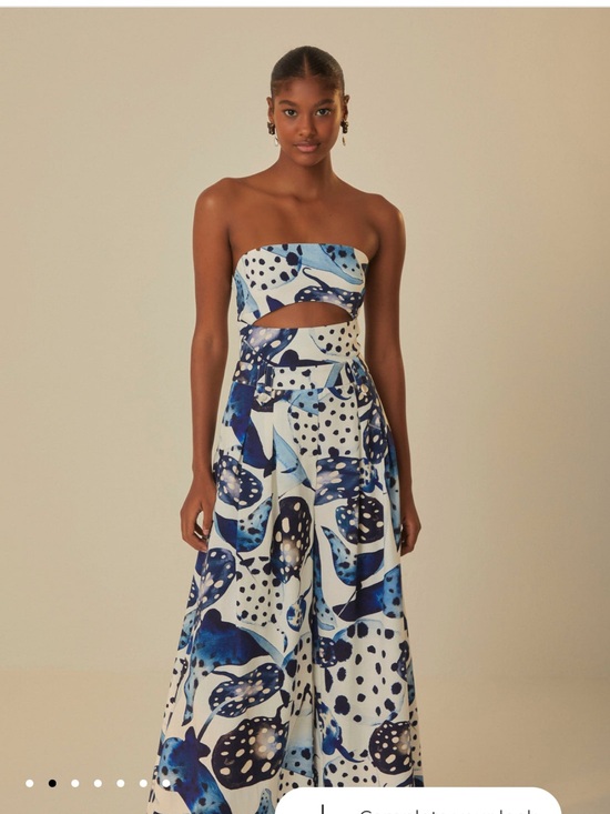 FARM Rio Pants - Farm Rio Blue & White Abstract Strapless Wide-Leg Jumpsuit